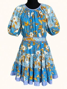 Ulla Johnson Blue Floral Puff Sleeve Tiered Mini Dress Size 6 NWT
